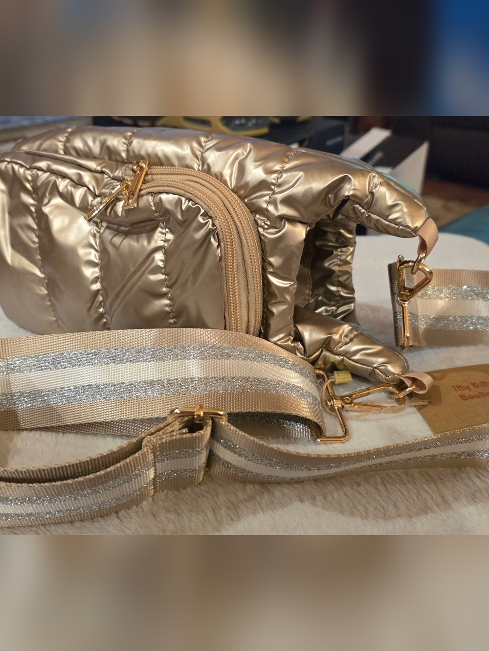 "Stanley" Cup Quilted Metallic Gold Crossbody Bag with Glitter Stripe Strap
